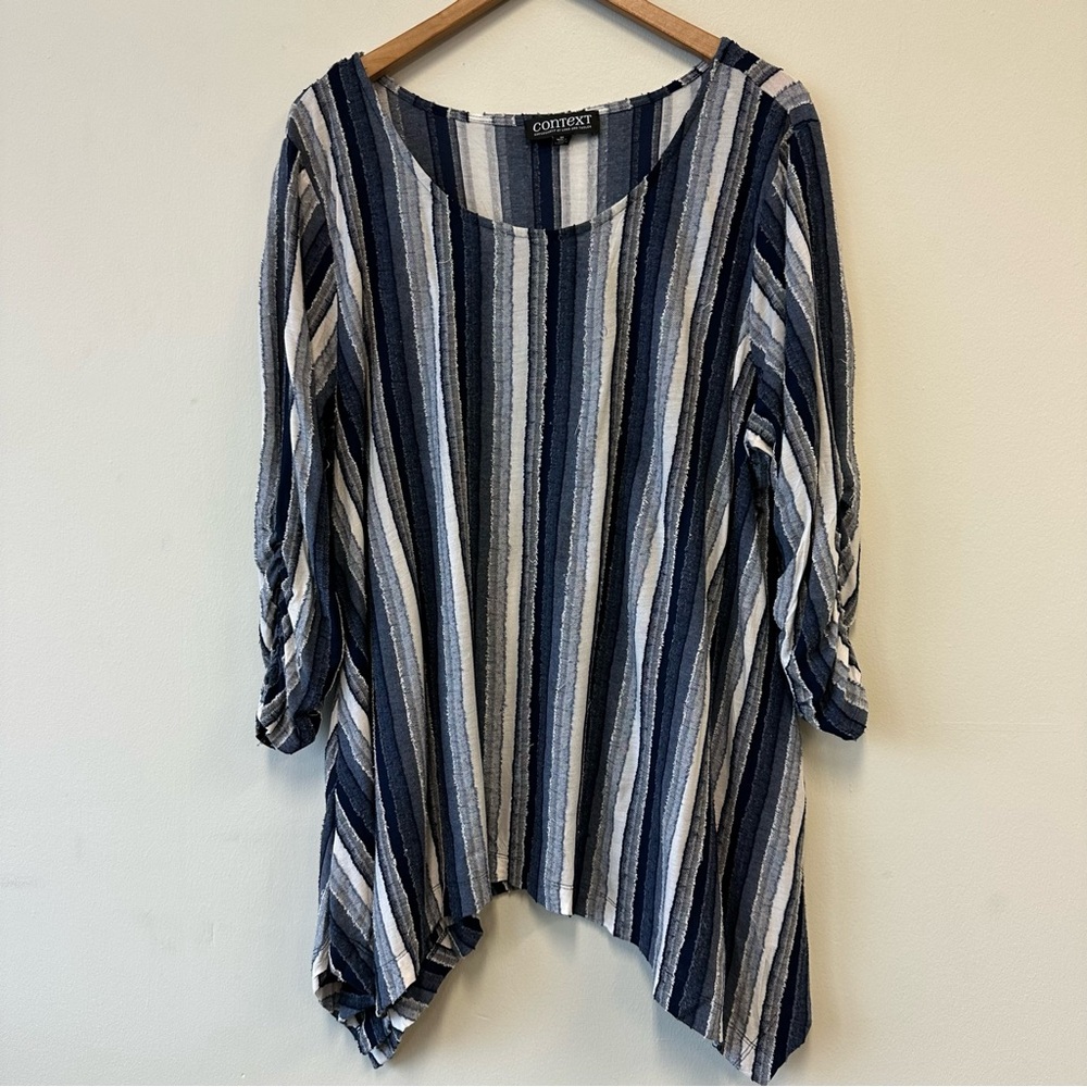 Context Navy and White Striped Tunic with 3/4 Scrunch Sleeves
